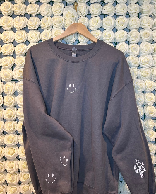 “You’re Overthinking Again :)” Crewneck or Hoodie, Minimalist Mental Health Sweatshirt, Smiley Sleeve Design