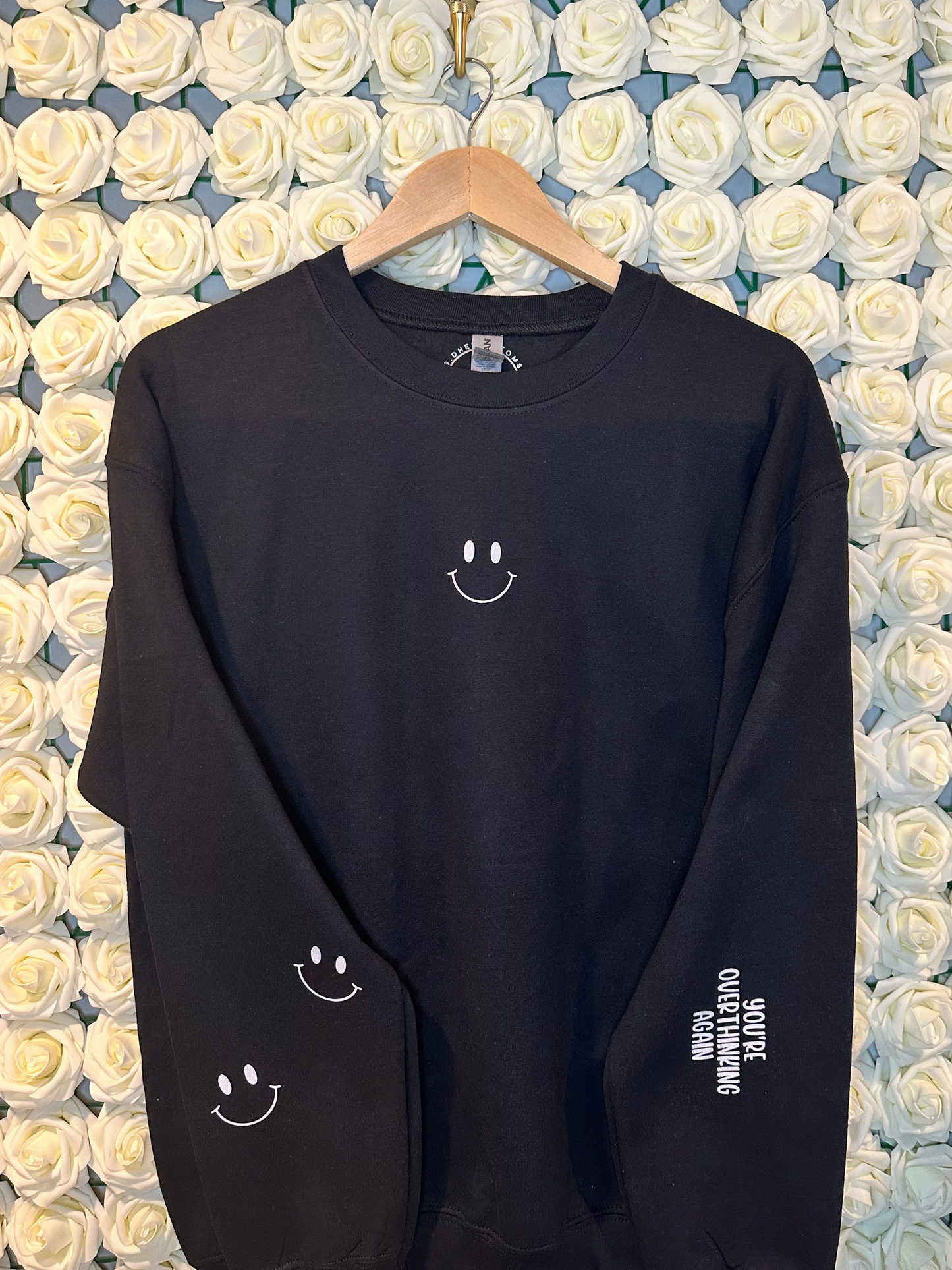 “You’re Overthinking Again :)” Crewneck or Hoodie, Minimalist Mental Health Sweatshirt, Smiley Sleeve Design