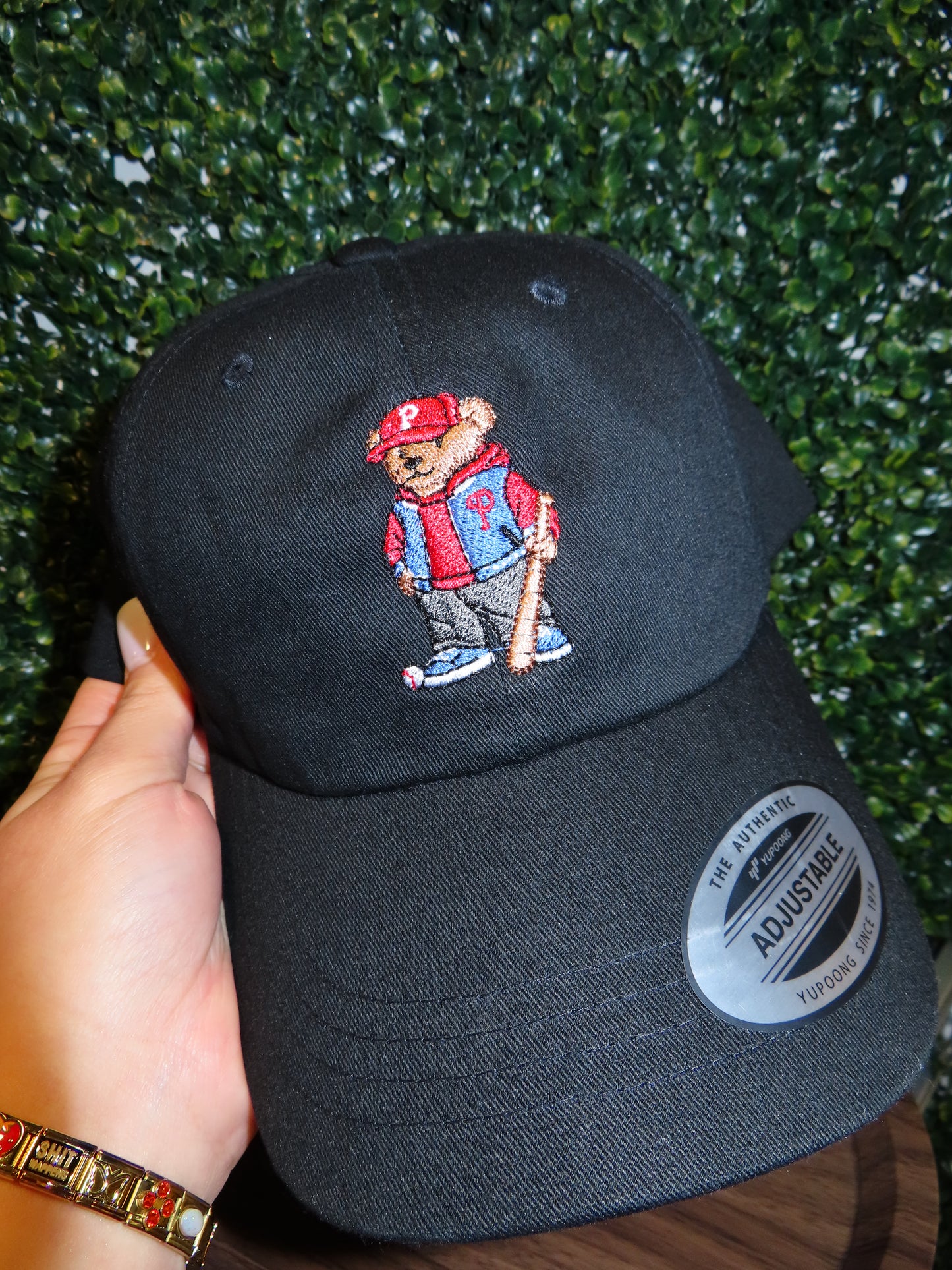 Baseball Bear Dad Hat |Philadelphia Embroidered Streetwear Cap | Low Profile Strapback | Black or Khaki | Optional Back Embroidery