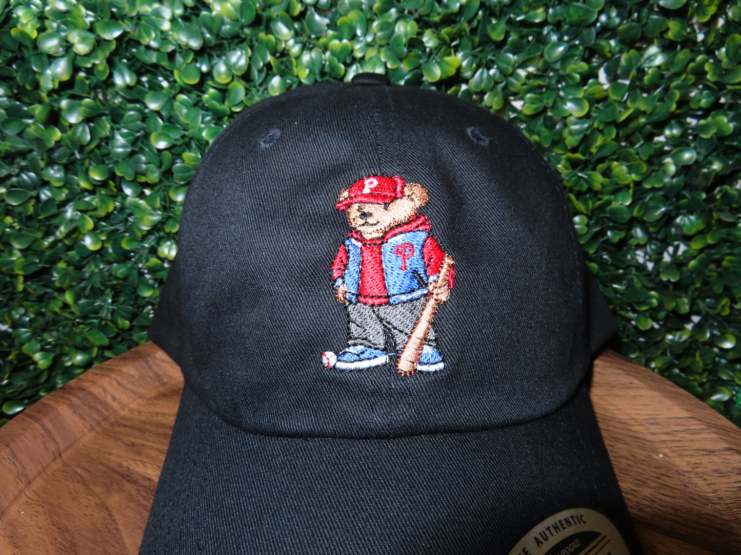 Baseball Bear Dad Hat |Philadelphia Embroidered Streetwear Cap | Low Profile Strapback | Black or Khaki | Optional Back Embroidery