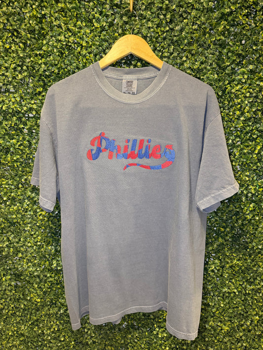 ⚾ Phillies Embroidered Comfort Colors Tee– Vintage Script Baseball Tee