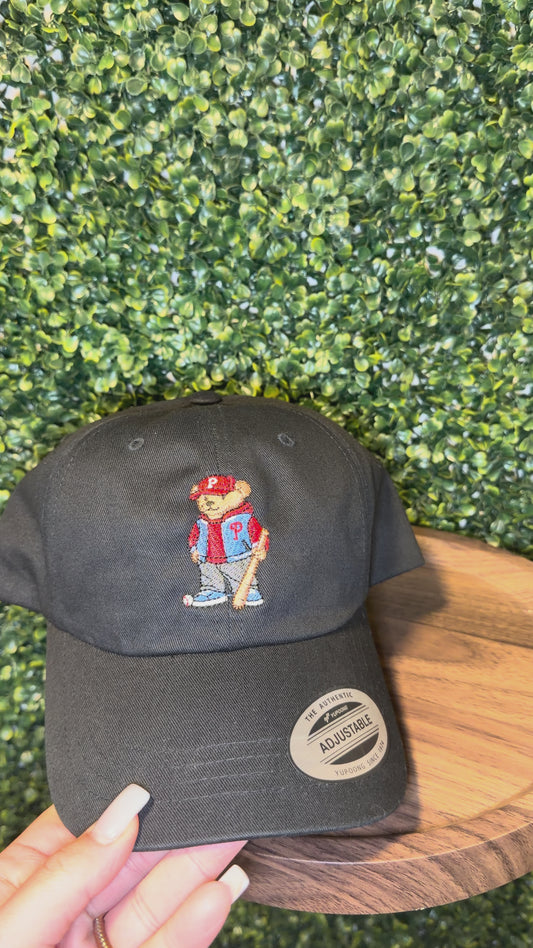 Baseball Bear Dad Hat |Philadelphia Embroidered Streetwear Cap | Low Profile Strapback | Black or Khaki | Optional Back Embroidery