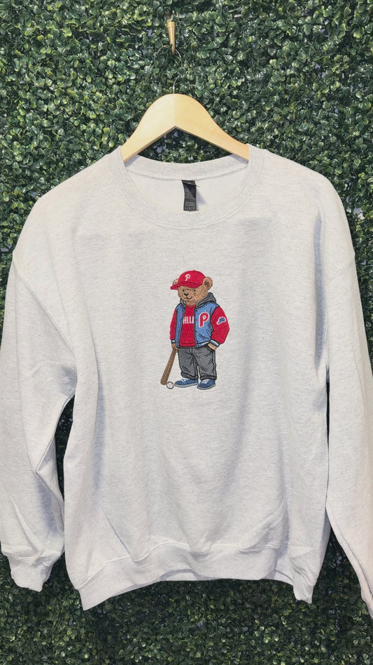 Embroidered Philly Bear Sweatshirt, Philadelphia Baseball Inspired Hoodie or T-Shirt